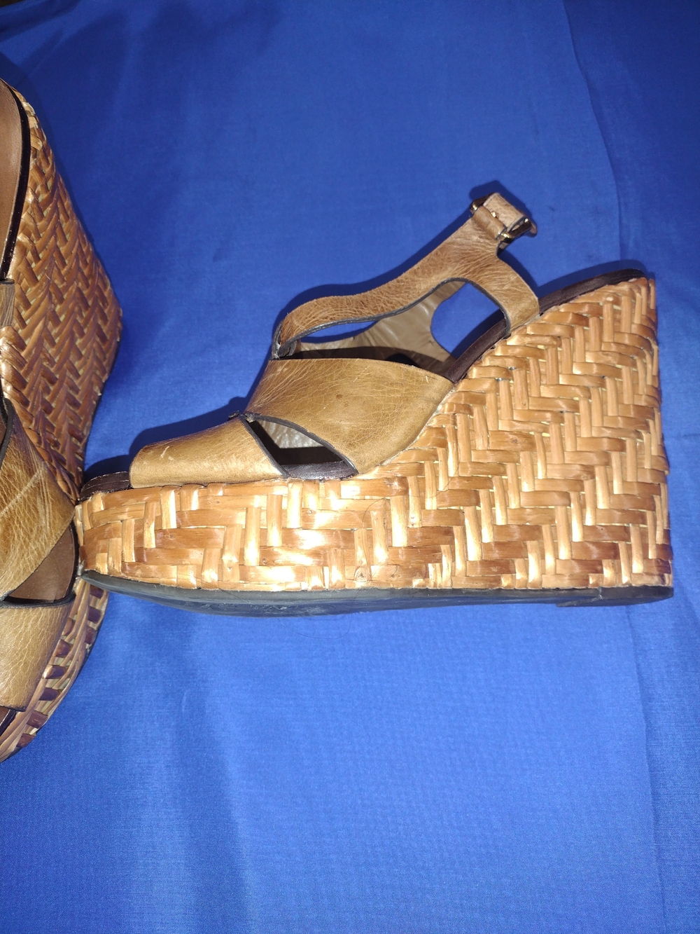 Braided Wedge Sandals in Tan with Adjustable Ankle Strap